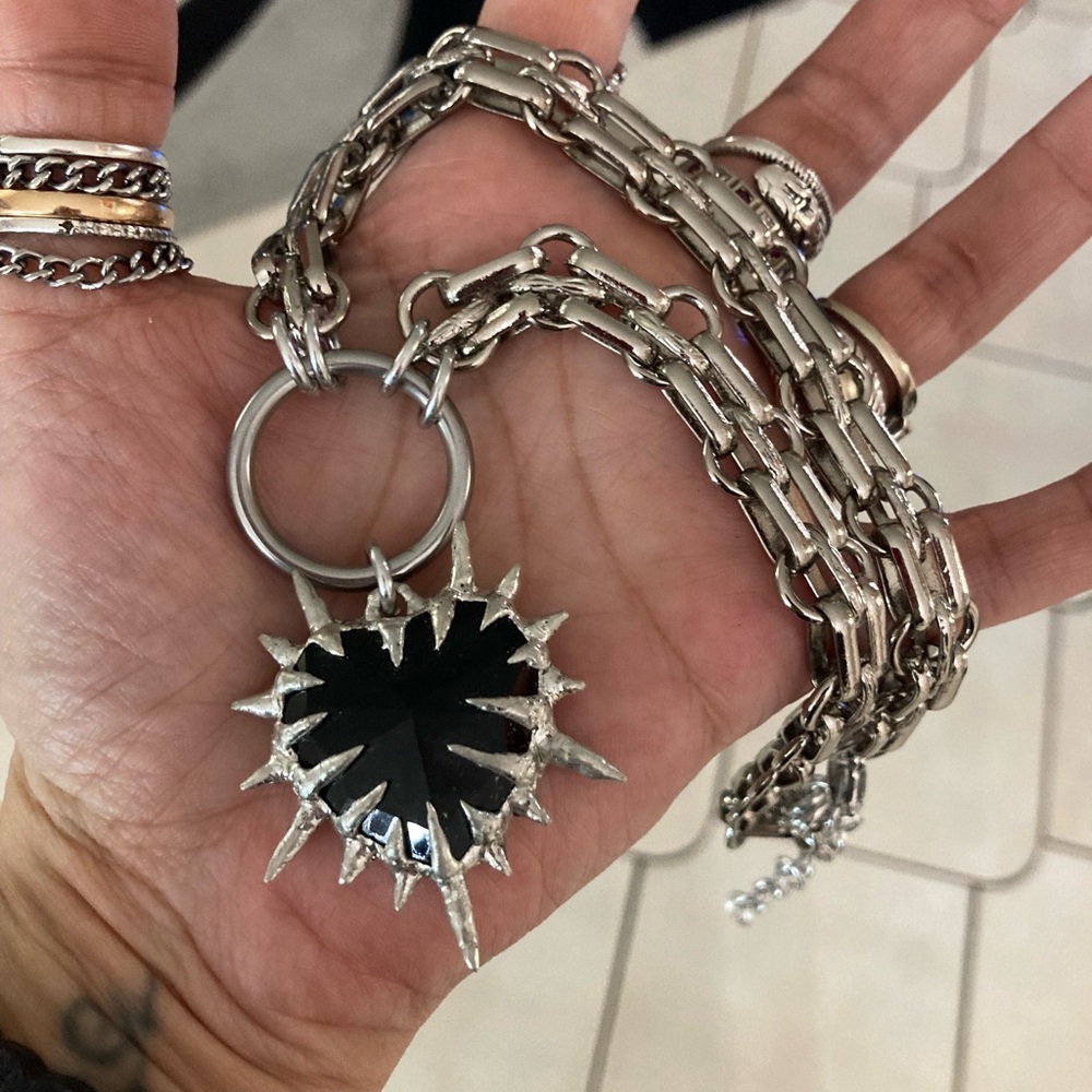 Thick Black onyx stone spike st valentine gothic heart stainless steel chain - Picture 6 of 8